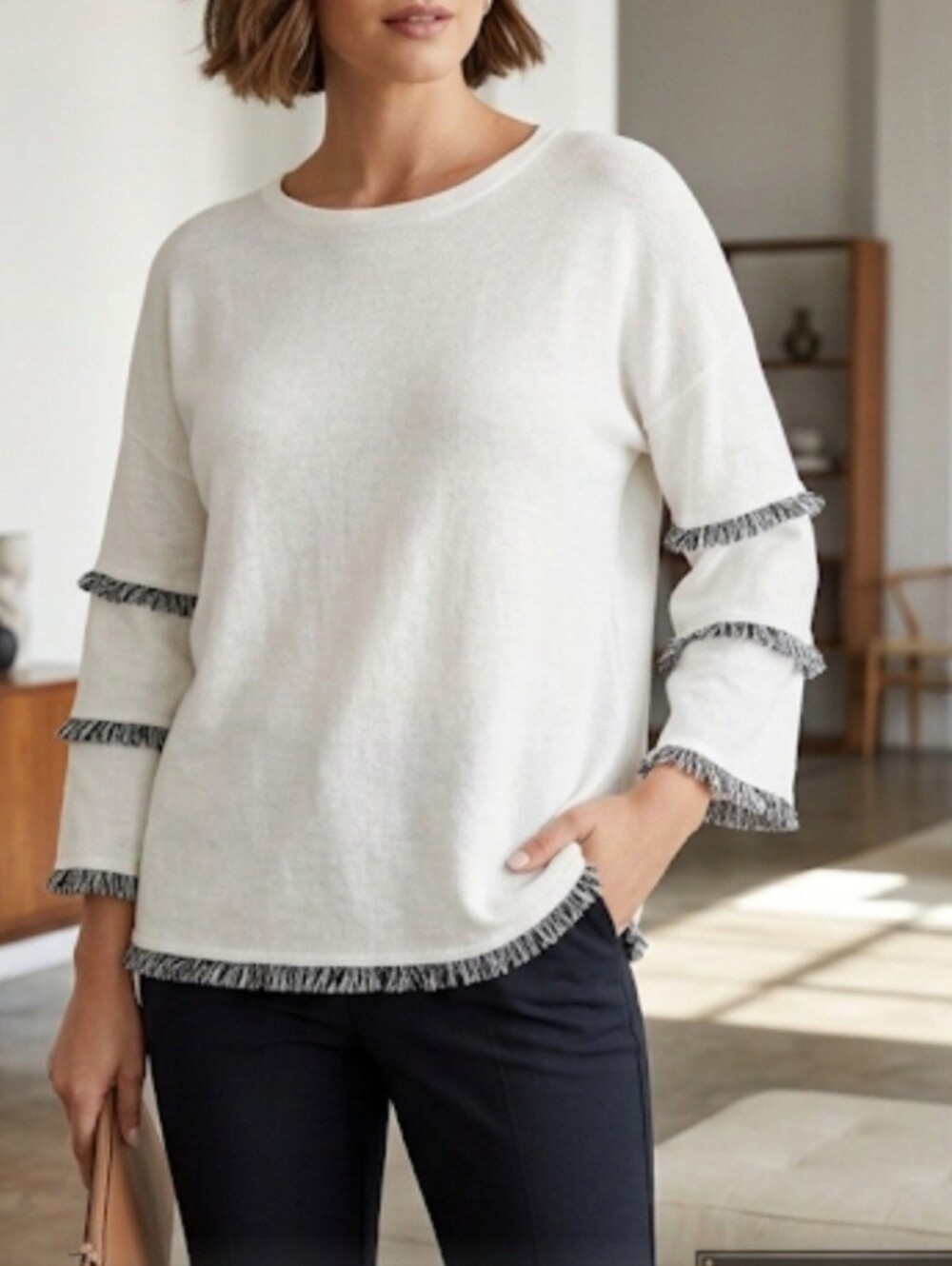 CINTHIA ROWLEY White  Knit Sweatshirt Linen Viscosa Size 1X Boho Chic, Minimalis